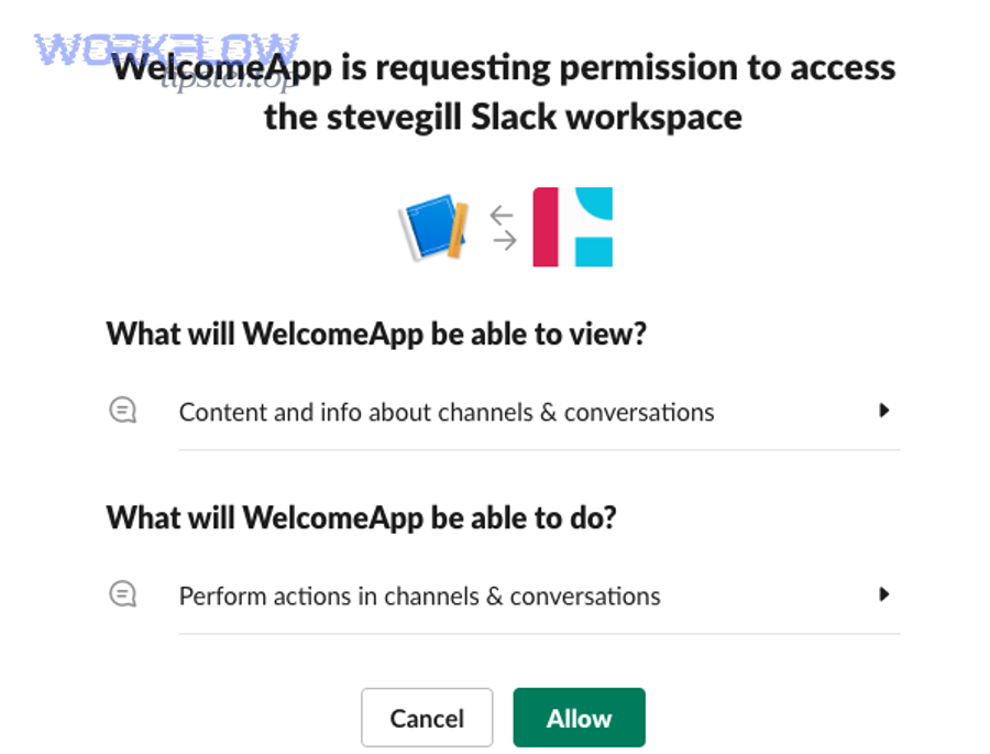 Slack OAuth approval screen showing requested permissions