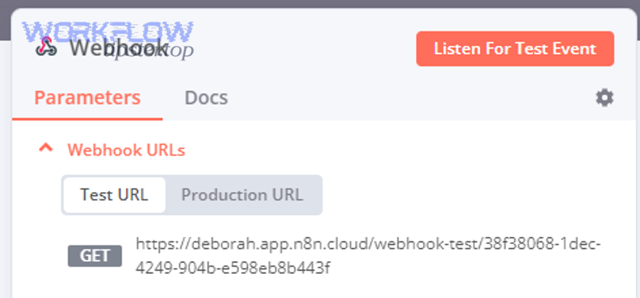 n8n webhook test and production URL examples shown in docs